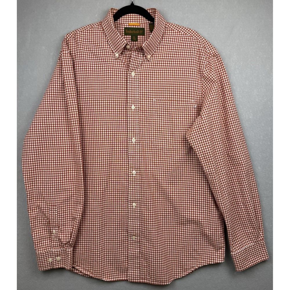 Timberland Long Sleeve Button Down Shirt Mens XL Red White Gingham Checkered